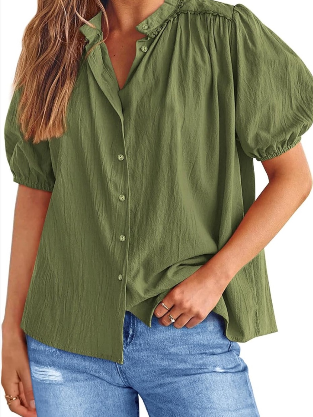 Women’s Olive Button-Down Puff Sleeve Shirt boho cottagecore size Large